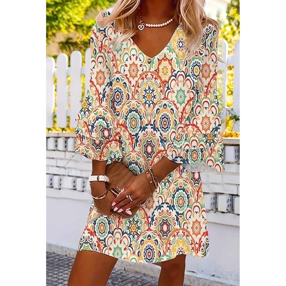 Multicolor Geometric Print Mini Dress Bell Sleeves Women's Size XL Colorful Cute